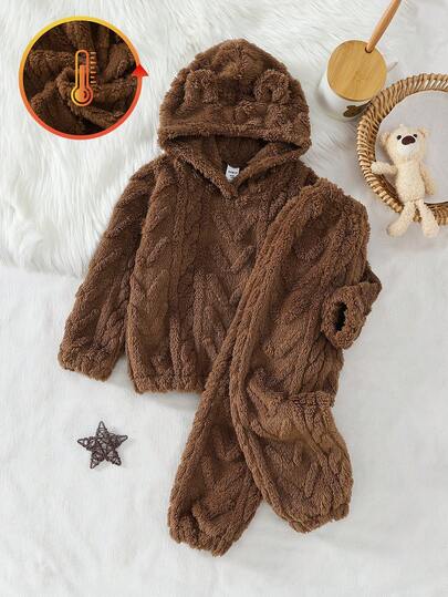 Young Boy Brown Jacquard Fleece Hooded Long Sleeve Loungewear Set