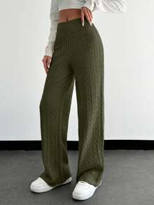 EURMUSE Solid Color Twist Knit Elastic Waist Casual Versatile Straight Leg Sweater Pants - Army Green - View 3