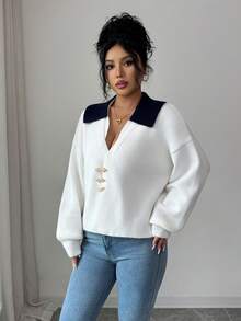 SHEIN Elenzya Cardigan tricotat cu mânecă lungă și umeri căzuți, cu guler în contrast de culoare, decorat cu nasturi metalici - alb - Vizualizare 7