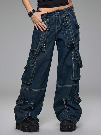 Grunge Punk Jeans anchos de tiro bajo con carga, hebilla cruzada y tachuelas, con estilo retro punk