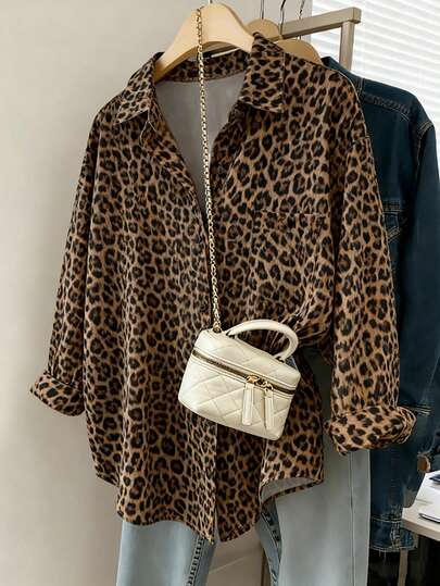 Franclia Casual Shirts Loose-Fit Long-Sleeve Shirts Leopard-Print Pattern Shirts Autumn/Winter Long-Sleeve Shirts Simple Versatile Shirts Everyday Wear Shirts Pairing Shirts With Shirts Leopard Print Cheetah Print Blouses For Women