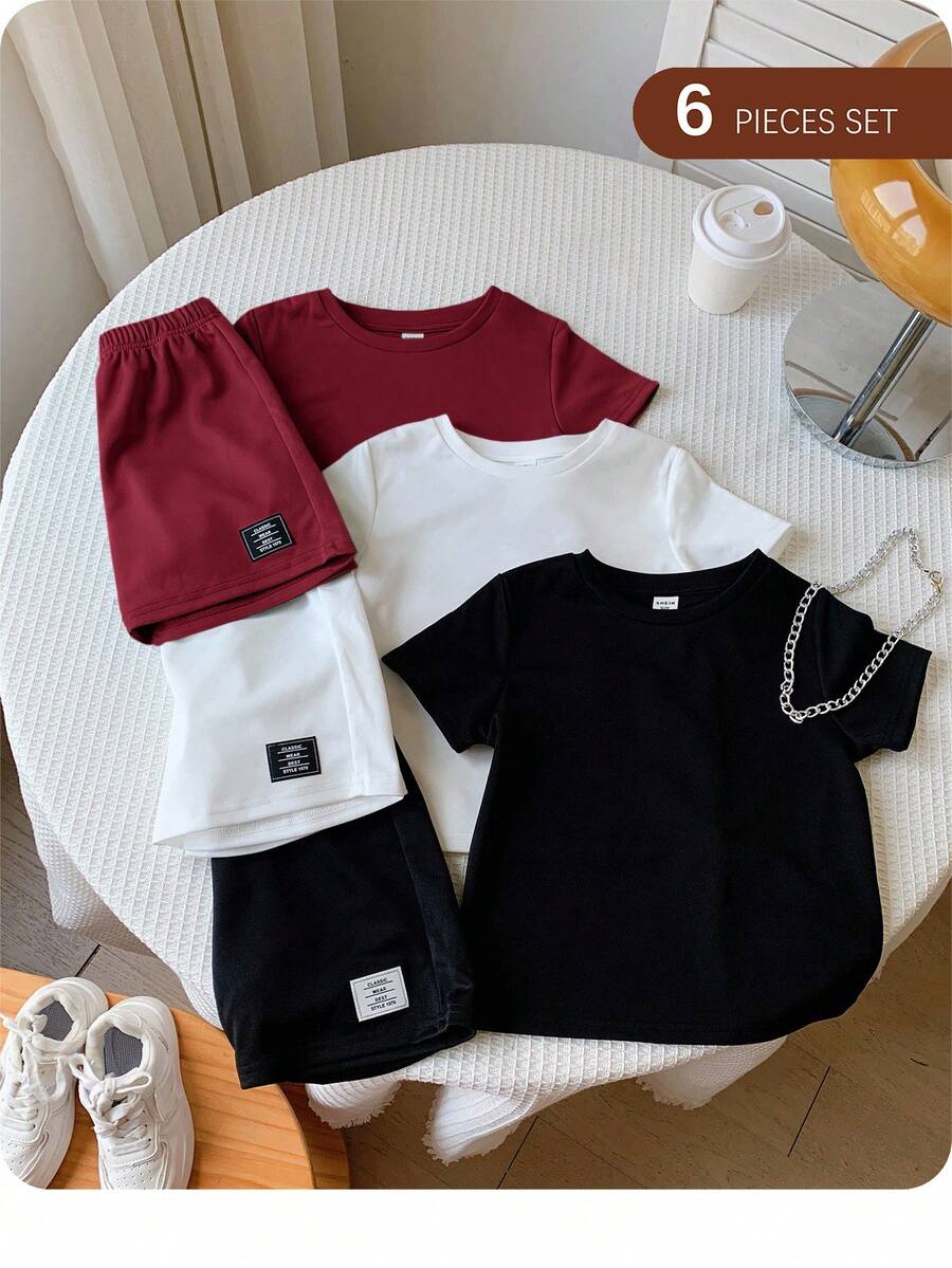 SHEIN 6件套男童/女童春夏简约纯色字母印花短袖T恤和松紧腰短裤套装 - 彩色 - 查看 1