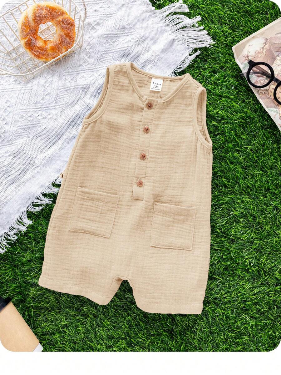 Newborn Baby Boy Apricot Sleeveless Casual Romper Jumpsuit, Suitable For Birthday Party, Formal Gatherings, Performances, Weddings, Full Moon Celebration, Baptism And First Birthday Party, Summer - Apricot - View 1
