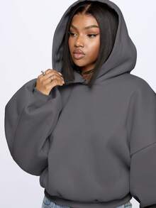 SUMWON WOMEN Oversized Cropped Hoodie Sweatshirt For Women Pullover Hooded Long Sleeve Casual Streetwear - Dark Grey - View 4