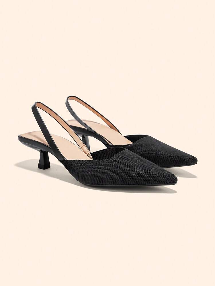 CUCCOO BASICS Black Knit Material Pointed Toe Kitten Heel Women's Slingback Pumps, Fashionable, Comfortable, Breathable, Versatile For Daily Wear And Work For Christmas Spring Shoes