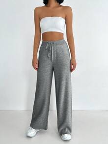 EURMUSE Women's Solid Color Drawstring Waist Straight Leg Loose Casual Sweater Pants, Autumn/Winter - Grey - View 3
