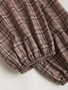 SHEIN PETITE Women's Vintage Elegant Plaid Patchwork Long Sleeve Waist Shirt, Autumn/Winter - Coffee Brown - View 3