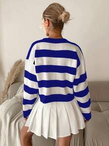 SHEIN Cottnline Cárdigan de rayas con hombros caídos - Azul - Ver 2