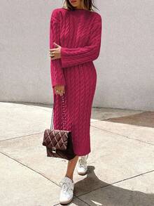 EURMUSE Women's Knitwear Long Dress With Cable Pattern,Petite - Hot Pink - View 4