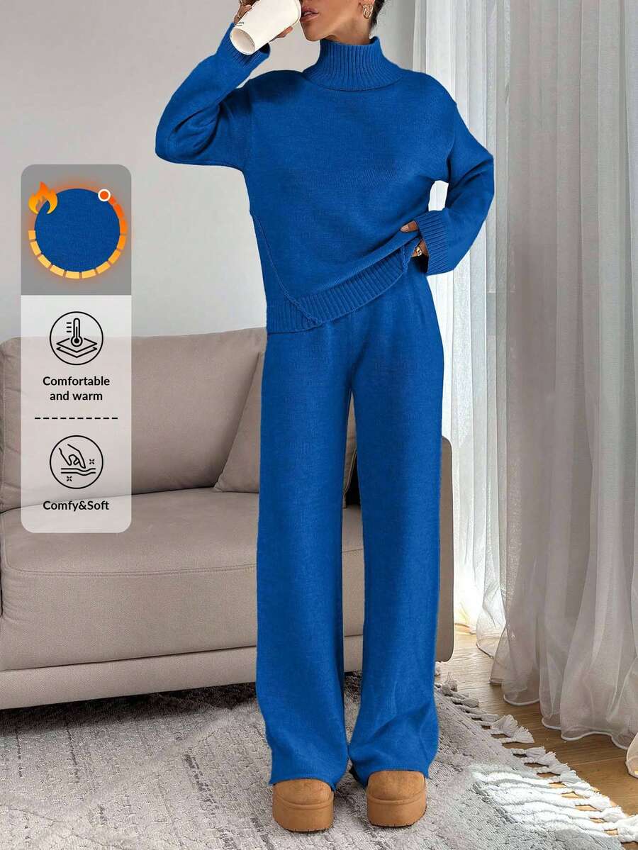 EURMUSE Conjunto de suéter de cuello alto relajado para mujer con detalles de punto acanalado y pantalón de punto recto - azul real - Ver 1