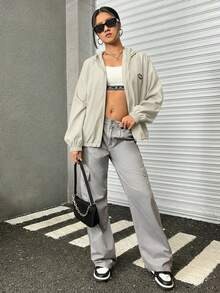 SHEIN EZwear 秋冬女装休闲卡其色字母贴片落肩拉链连帽夹克 - 卡其色 - 查看 5