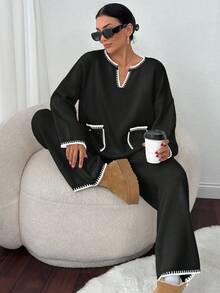 EURMUSE V-Neck Color Block Trim Pullover Sweater And Long Pants Knitwear 2 Piece Set - Black - View 5