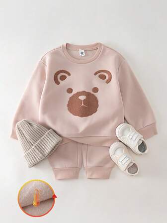 SHEIN THE HAPPY LOOK 2件套小男孩卡通动物印花柔软针织圆领长袖套头衫和松紧腰裤