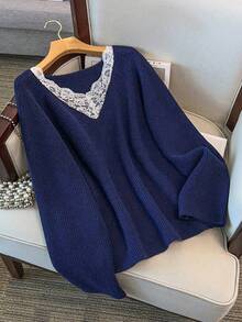 EMERY ROSE 全新优雅蕾丝边 V 领柔软百搭大码女式针织毛衣上衣 - 藏蓝色 - 查看 5