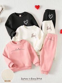 Cozy Pixies 3件套女婴休闲通勤字母爱心印花保暖套头卫衣和松紧腰运动裤套装，秋冬季女婴黑白粉色保暖休闲套装 - 彩色 - 查看 4