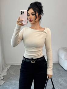 Selianne Áo thun dài tay xếp ly cổ chéo màu trơn mới thu đông, dáng ôm, thường ngày dành cho nữ - Màu be - Xem 6