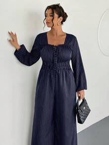 Firerie Plus Size Casual Striped Wide Leg Jumpsuit - Navy Blue - View 4