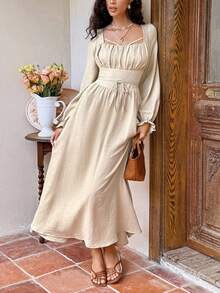 Serisse 女士优雅浪漫方领褶饰连衣裙 - 杏色 - 查看 9