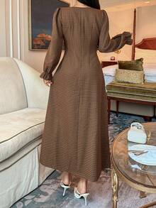 DAZY Robe longue à col carré à manches longues à carreaux pour femmes - Camel - Voir 6