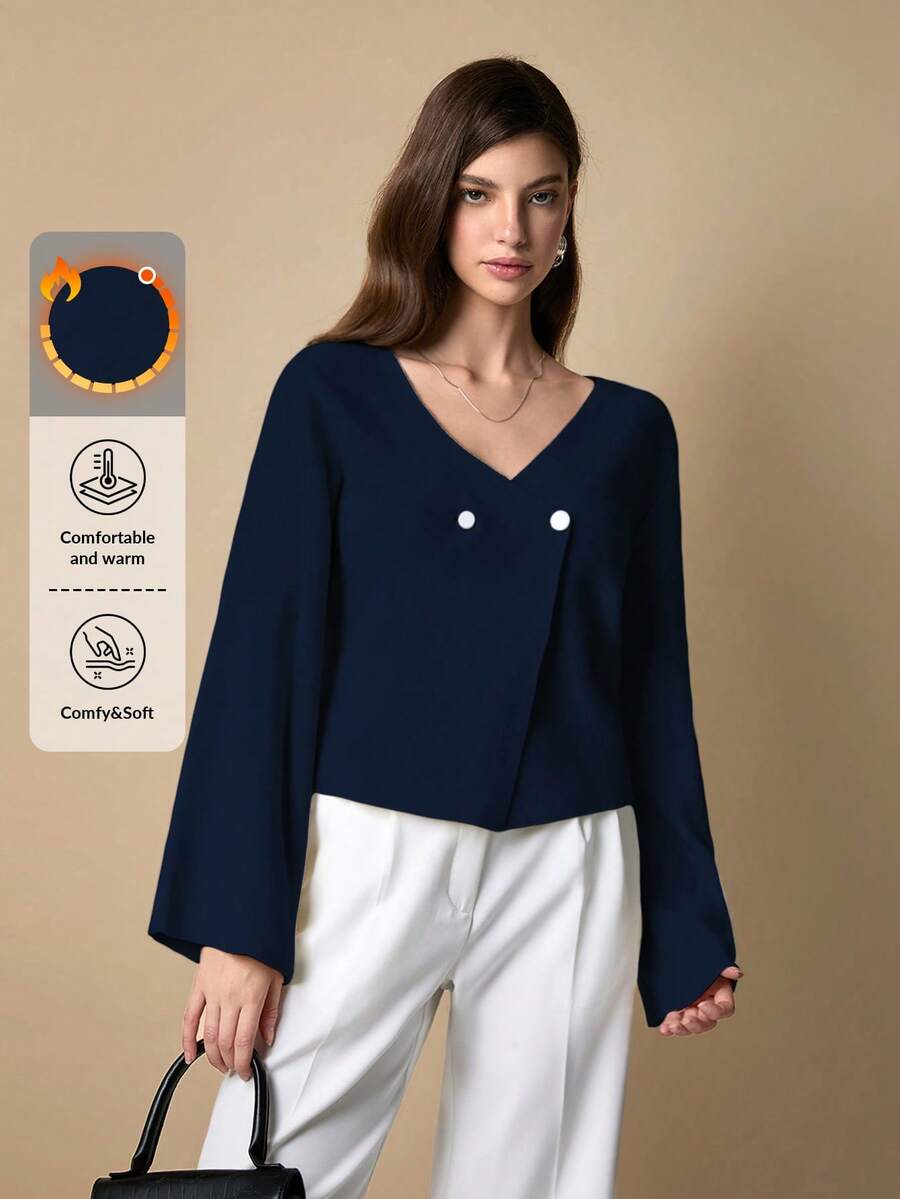 EURMUSE Cárdigan de mujer talla petite con cuello en V, abotonado delantero y hombros caídos en unicolor - Azul Marino - Ver 1
