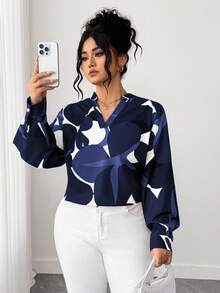 Elenzga Plus Size Women V-Neck Long Sleeve Printed Shirt, Versatile, Fashionable, Slimming, Casual, Suitable For Daily Wear And Commuting - Multicolor - View 1