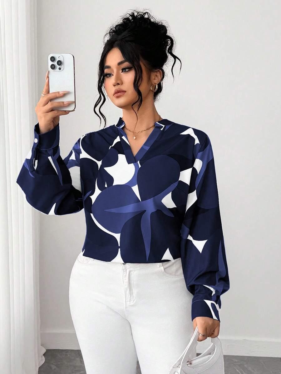 Elenzga Plus Size Women V-Neck Long Sleeve Printed Shirt, Versatile, Fashionable, Slimming, Casual, Suitable For Daily Wear And Commuting - Multicolor - View 1