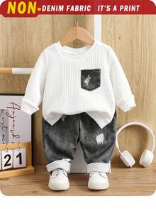 SHEIN 2pcs Baby Boy/Girl Vintage British Style Knitted Layered Padded Sweatshirt & Denim Effect Pants Set, All-Match Casual Outfit For Autumn/Winter