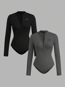 SHEIN EZwear 2 件女士休闲简约风格真刺绣字母徽章拉链高领紧身连体衣，百搭服装，适合秋冬季，机场搭配 - 彩色 - 查看 5