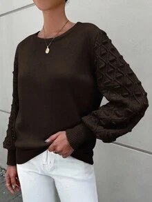 EURMUSE Round Neck Long Sleeve Casual Sweater - Brown - View 3