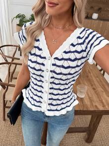 SHEIN LUNE Contrast Stripe Short Sleeve Hollow Out Knit Top Sweaters For Women Fall Sweaters - Blue - View 4