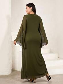 Veilorie Vestido elegante de unicolor para mujer de talla grande - Verde militar - Ver 2
