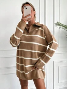 EURMUSE Vestido de punto con patrón de rayas de hombros caídos - Camel - Ver 5