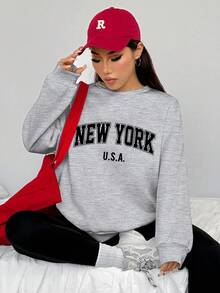 SHEIN EZwear 2 件纽约图案印花宽松圆领运动衫和紧身打底裤套装，春秋 - 彩色 - 查看 4