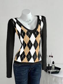Elamini Sweet & Innocent V-Neck Argyle Pattern Mesh Patchwork Long Sleeve Sweater