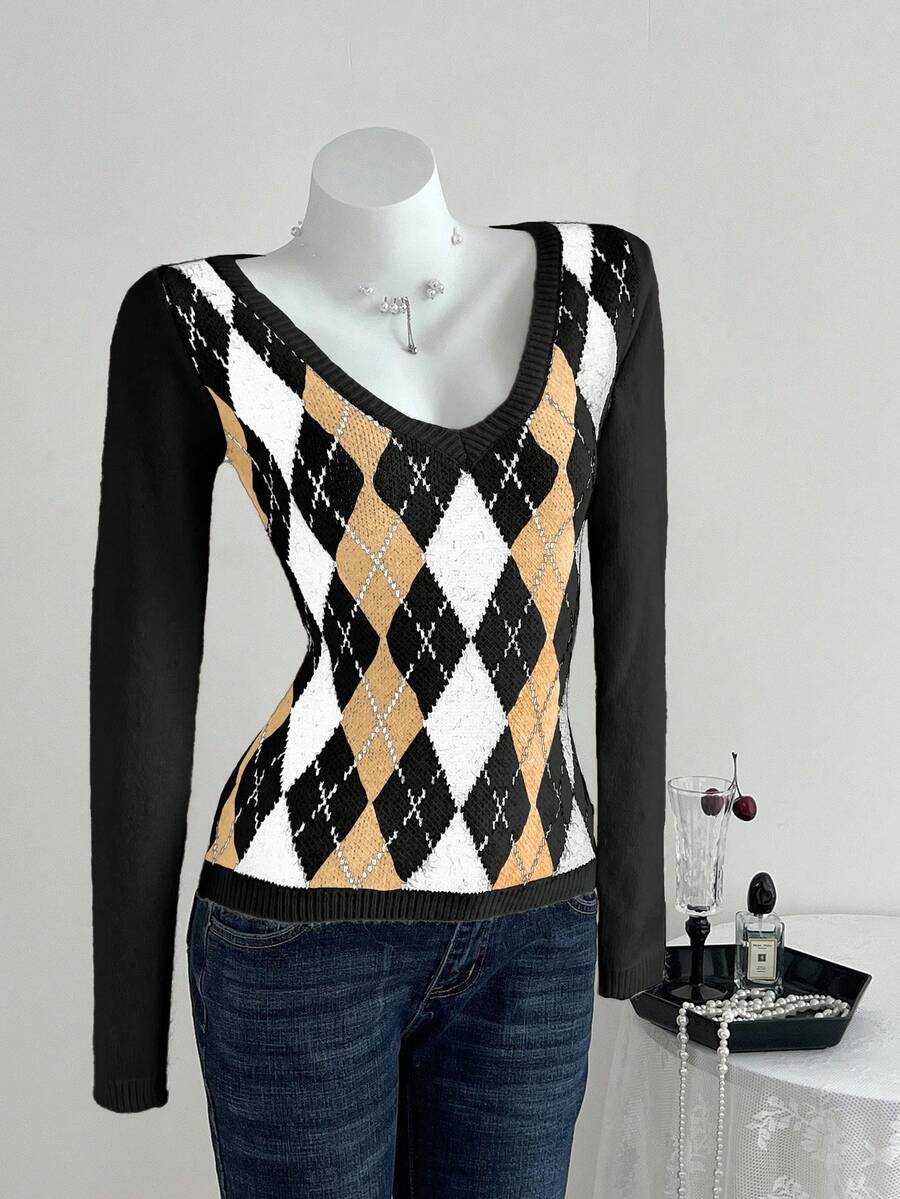 Elamini Sweet & Innocent V-Neck Argyle Pattern Mesh Patchwork Long Sleeve Sweater