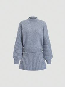SHEIN Unity 女士简约甜美灰色灯笼袖高领宽松针织毛衣和裙子两件套，秋冬 - 灰色 - 查看 1