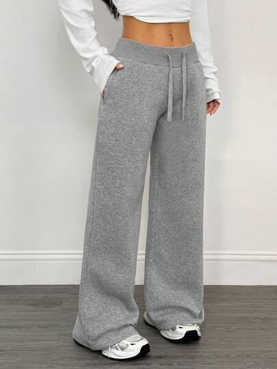 SHEIN Comfortable Casual Solid Color Knit Low Waist Wide Leg Teen Girl Sports Pants, Thermal Lined Winter Sports Pants, Wide Leg Sports Pants, Flared Sports Pants, Fleece Sports Pants