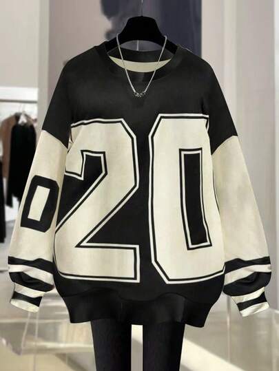 EMERY ROSE 新品畅销数字印花常规版型女式加大码圆领运动衫