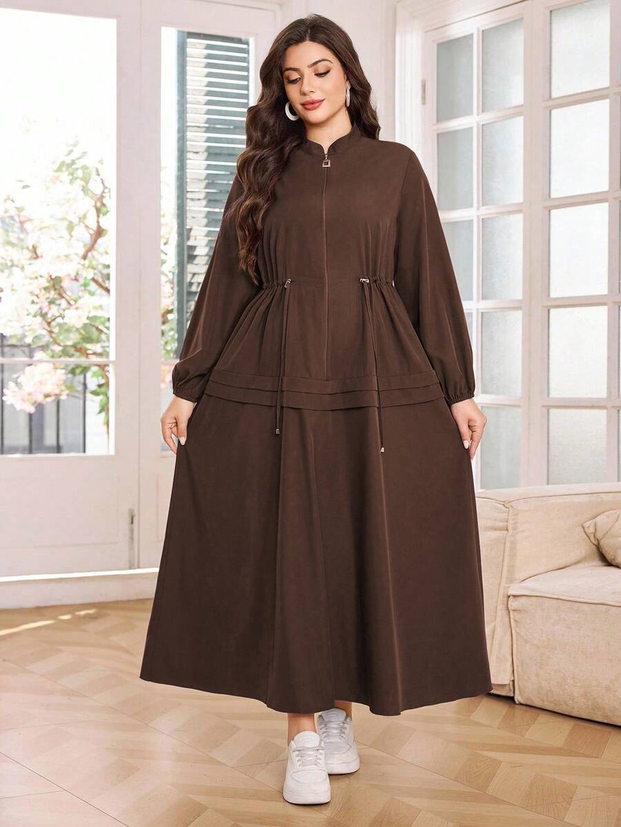 Al Najma Đầm thường ngày tay dài có thể điều chỉnh eo cỡ lớn dành cho nữ - Màu nâu Mocha - Xem 1