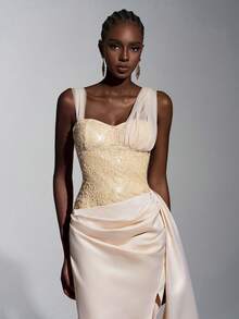 Elitara 优雅奢华的编织串珠刺绣拼接褶裥露肩鱼尾连衣裙，适合时尚盛会、正式晚宴、商务活动、舞会、鸡尾酒会、节日庆典和宴会。 - 香檳色 - 查看 4