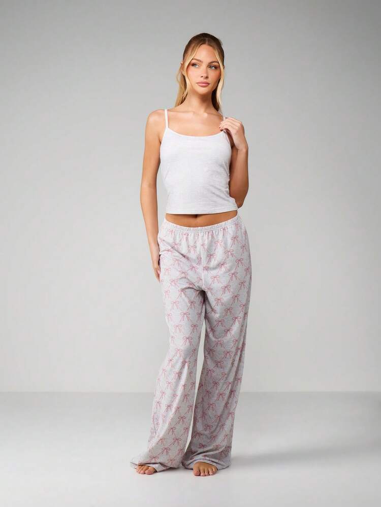 MISSGUIDED Bow Print Pajama Set For Women Sleepwear Cami Tank Top Elastic Waist Pants Loungewear
