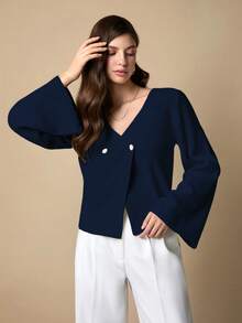 EURMUSE Cárdigan de mujer talla petite con cuello en V, abotonado delantero y hombros caídos en unicolor - Azul Marino - Ver 5