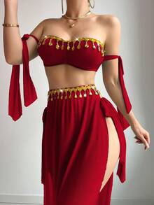 SHEIN 3pcs Set Sexy Mesh Fringe Tie-Up Bow Bandeau Maxi Dress Outfit - Burgundy - View 6