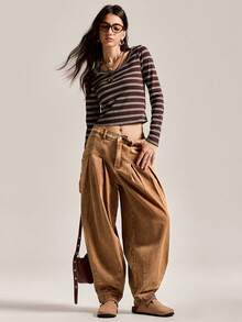 Easelle Women's Simple Casual Brown Jeans, Washed Denim, Autumn/Winter Party/Holiday Style, 2025, Retro Casual Trousers, Wide-Leg Pants