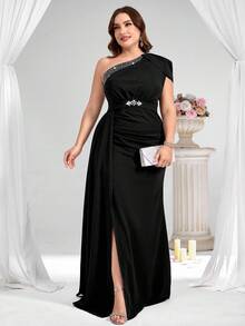 Coutiva Plus Size Formal Evening Gown (Heavily Embellished) - Black - View 3