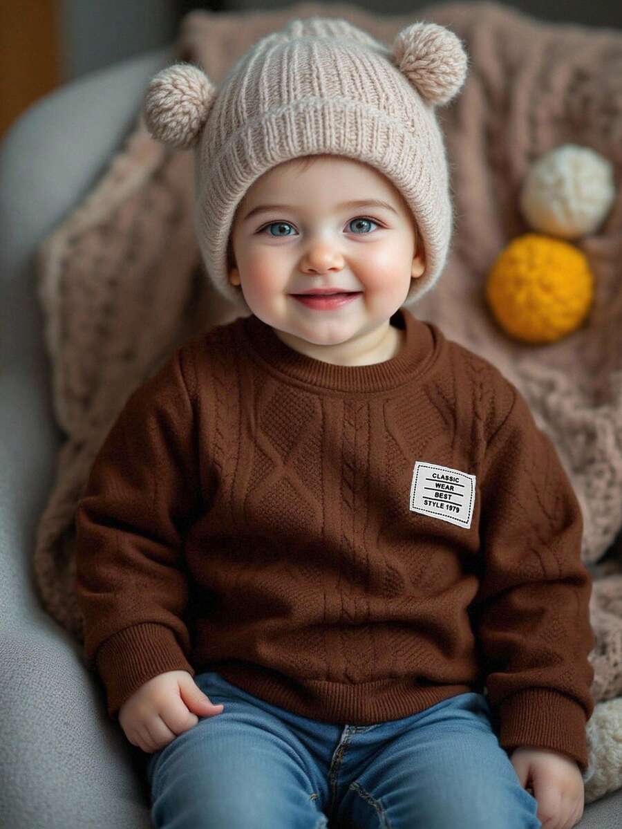 SHEIN Playful Pals 1pc Baby Boy Casual Letter Applique Knit Diamond Jacquard Pattern Crew Neck Sweatshirt, Comfortable Everyday Wear, Autumn/Winter, Family Matching Outfits Mommy And Me (3 Pieces Sold Separately) - Coffee Brown - View 1