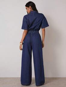 COSMINA 女士时尚纽扣装饰短袖牛仔连体裤 - 藏蓝色 - 查看 2