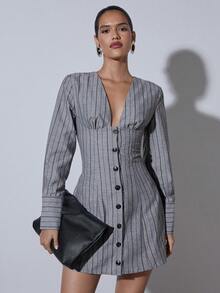 COSMINA Vestido corto de manga larga con cuello en V profundo, botones delanteros y estampado de rayas para mujer - Multicolor - Ver 3