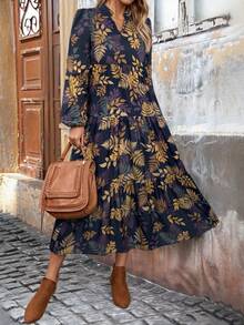 EMERY ROSE Women's Fashionable Casual Printed Notched Neck Mid-Length Dress - Navy Blue - View 3