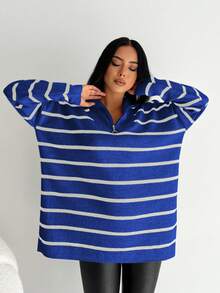 EURMUSE Striped Pattern Drop Shoulder Polo Neck Sweater - Blue - View 5